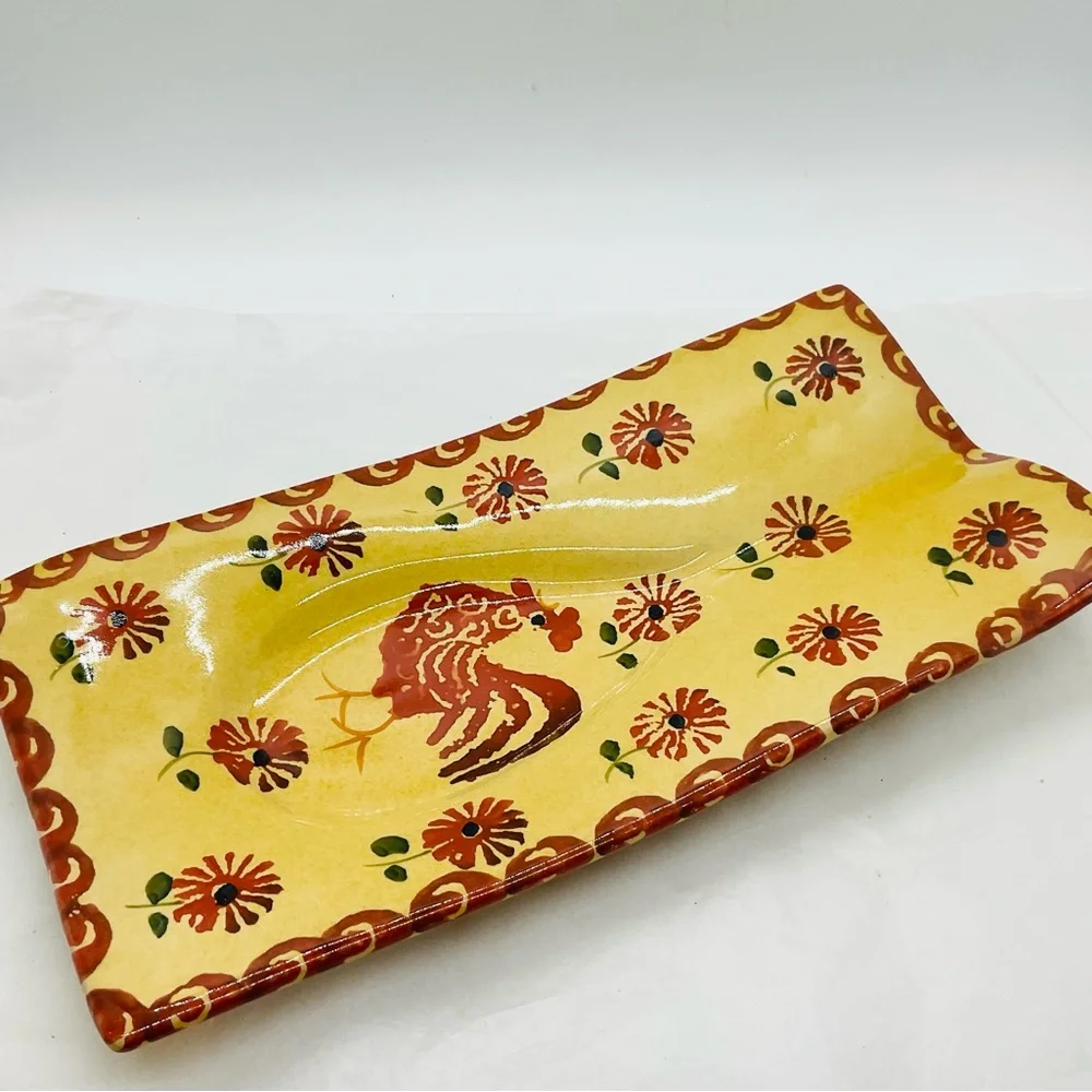 VTG Williams Sonoma 10” L x 5” W Spoon Rest Hand Painted Rooster & Flowers Italy